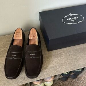 Prada brown suede leather driving moccasins, loafers